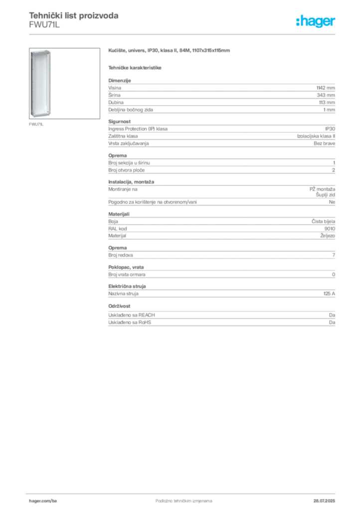 Slika Hager Product data sheet FWU71L  | Hager