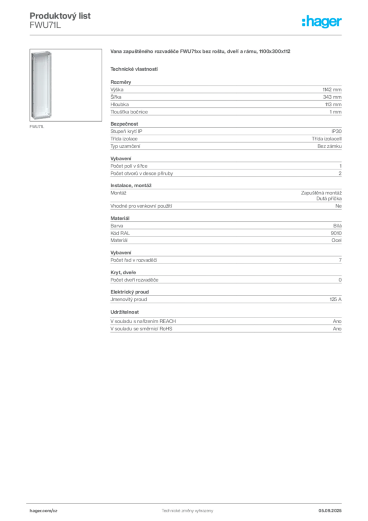 Obrázek Hager Produktový list FWU71L | Hager