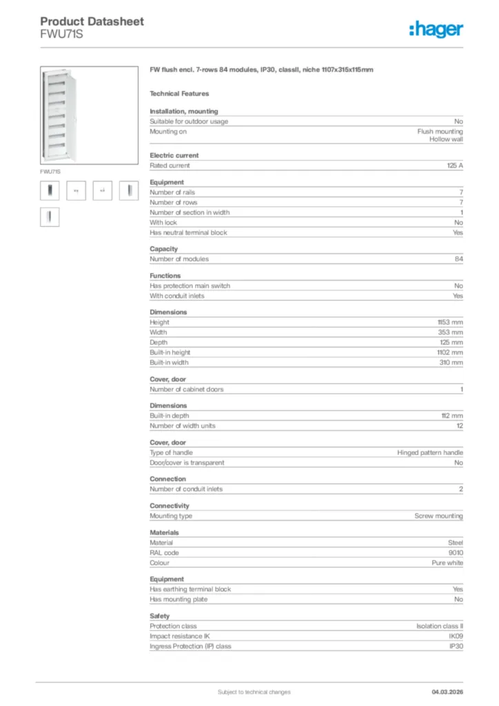 Image Hager Product data sheet FWU71S  | Hager Africa