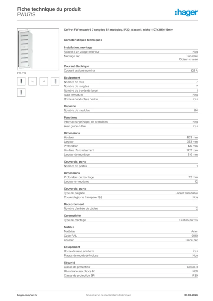 Image Hager Fiche technique du produit FWU71S | Hager Afrique