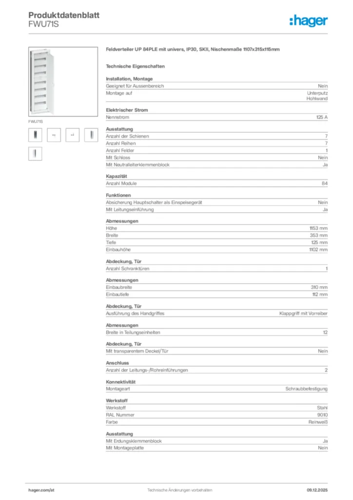 Bild Hager Produktdatenblatt FWU71S | Hager Deutschland