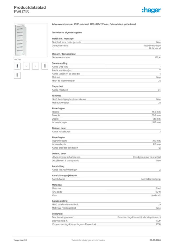 Afbeelding Hager Productdatablad FWU71S | Hager Nederland