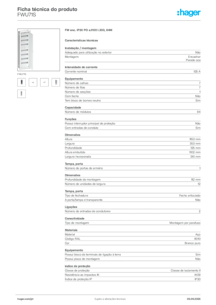 Imagem Hager Ficha técnica do produto FWU71S | Hager Portugal