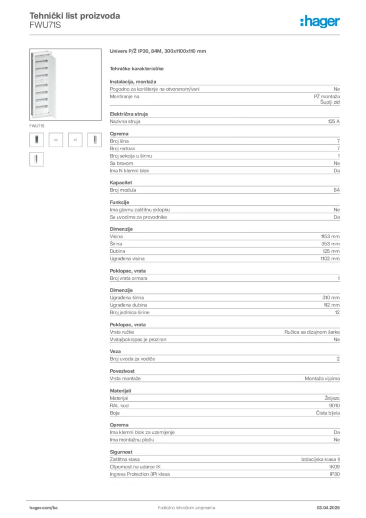 Slika Hager Tehnički list proizvoda FWU71S  | Hager