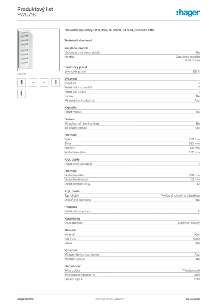 Obrázek Hager Product data sheet FWU71S | Hager
