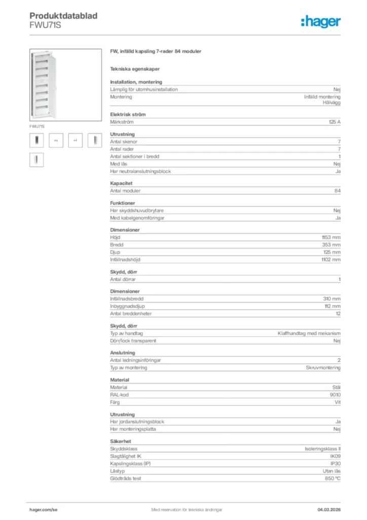 Bild Hager Produktdatablad FWU71S | Hager Sverige