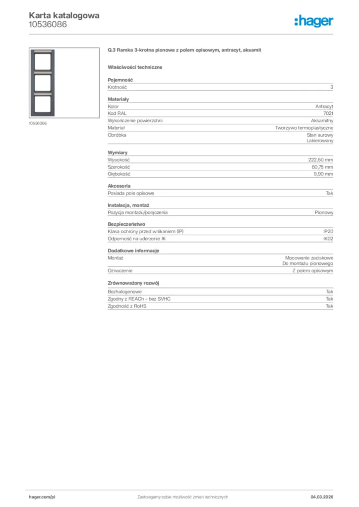 Zdjęcie Hager Karta katalogowa 10536086 | Hager Polska