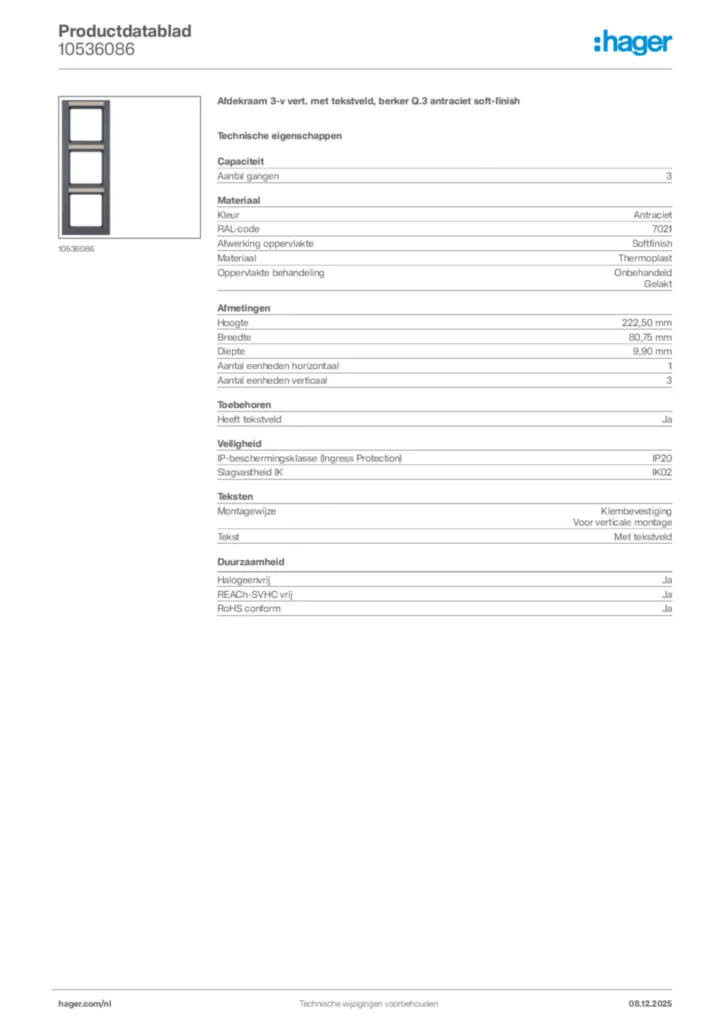 Afbeelding Hager Productdatablad 10536086 | Hager Nederland