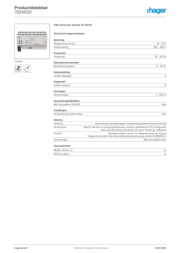 Afbeelding Hager Productdatablad 75314021 | Hager Nederland