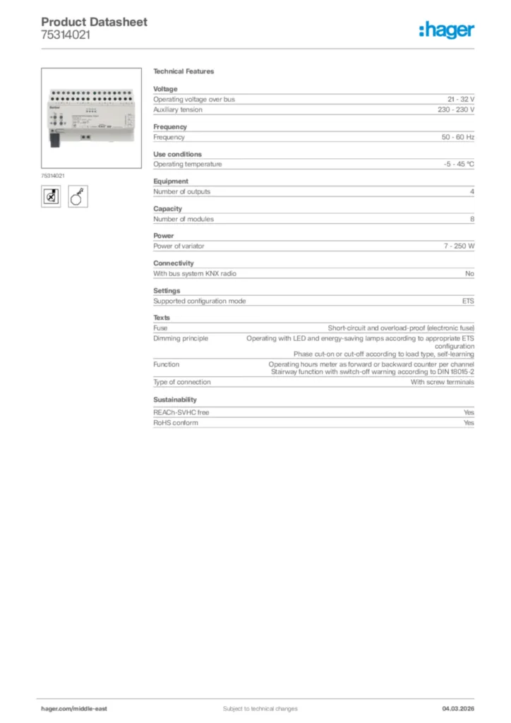 Image Hager Product data sheet 75314021  | Hager