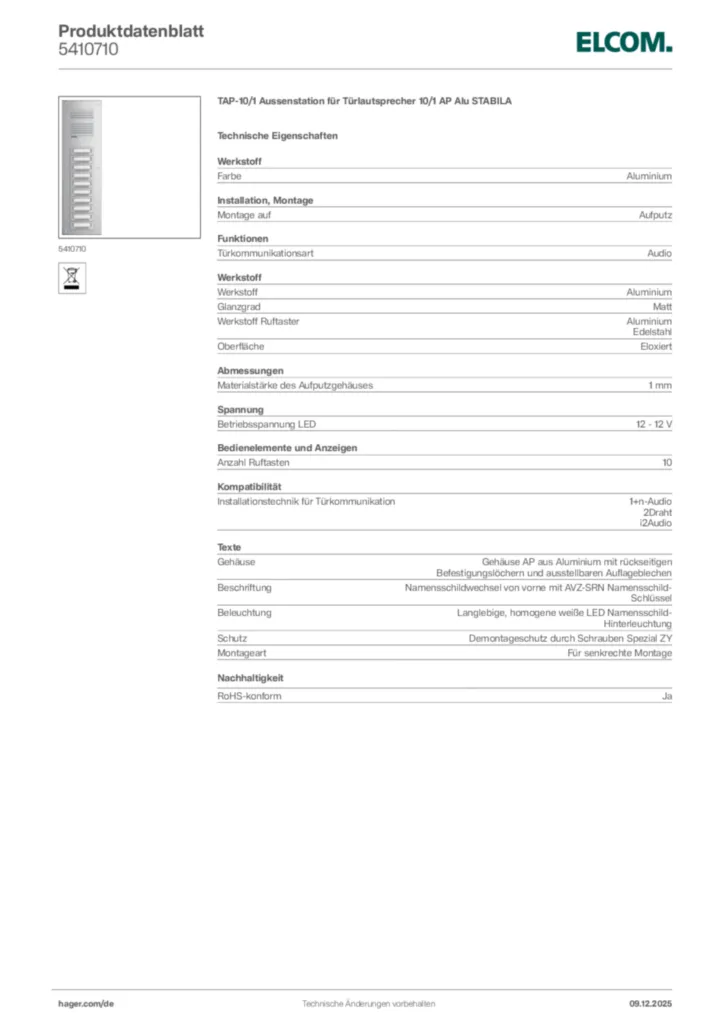 Bild Elcom Produktdatenblatt 5410710 | Hager Deutschland