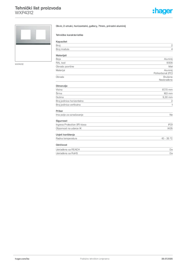Slika Hager Product data sheet WXP4312  | Hager