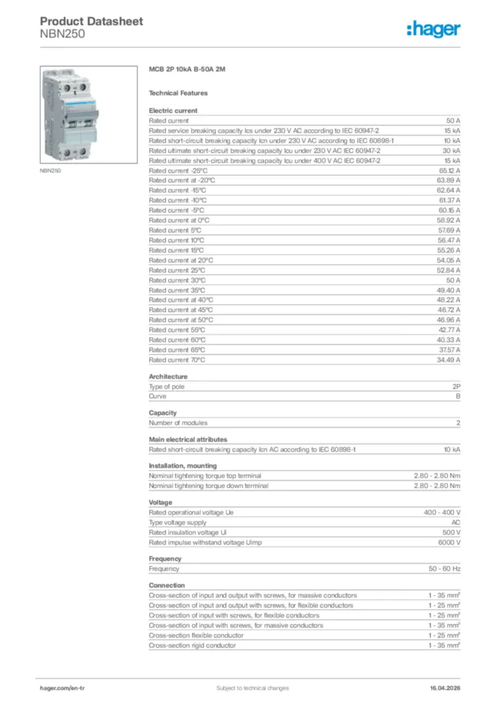 Image Hager Product data sheet NBN250  | Hager