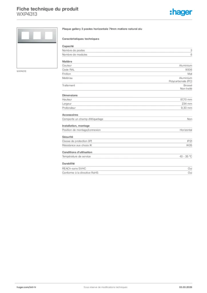 Image Hager Fiche technique du produit WXP4313 | Hager Afrique