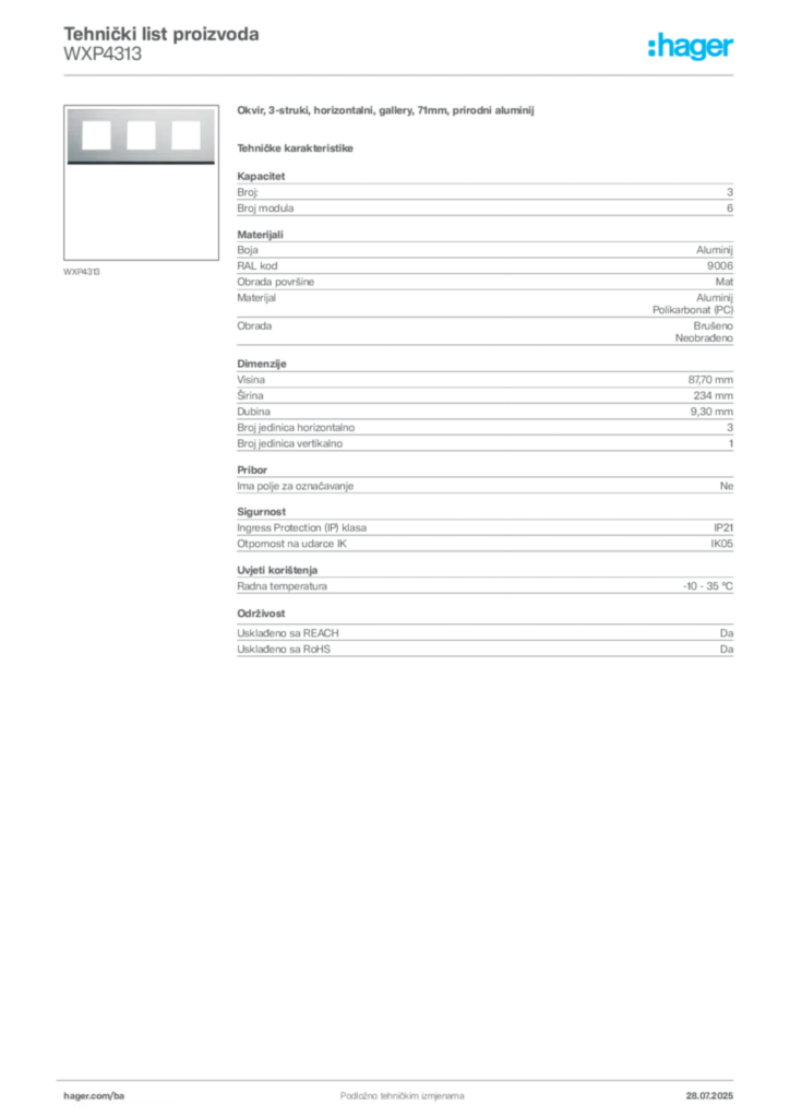 Slika Hager Product data sheet WXP4313  | Hager
