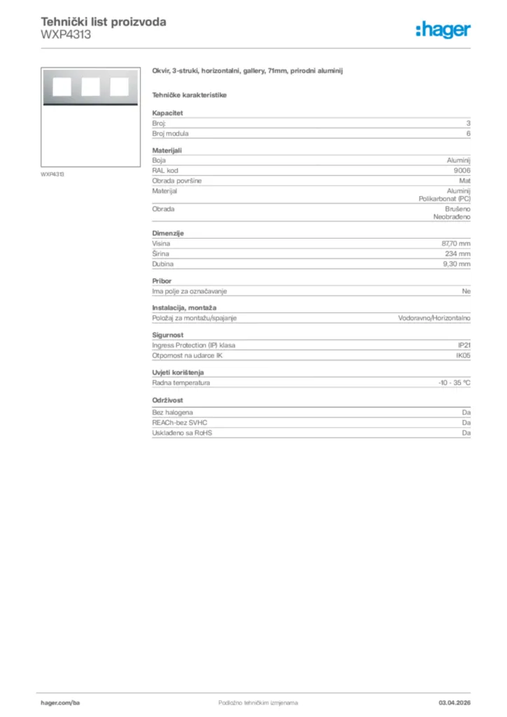 Slika Hager Tehnički list proizvoda WXP4313  | Hager