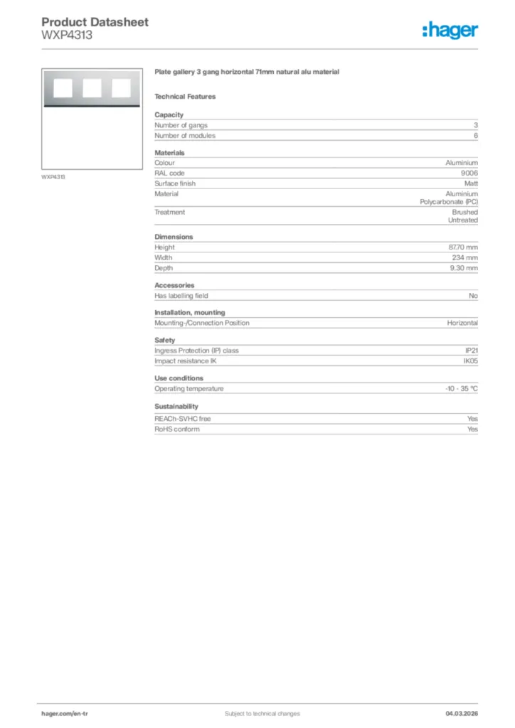 Image Hager Product data sheet WXP4313  | Hager