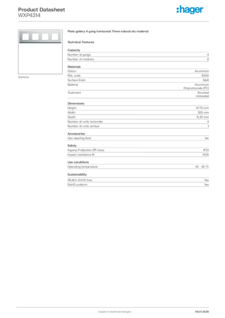 Image Hager Product data sheet WXP4314  | Hager Africa