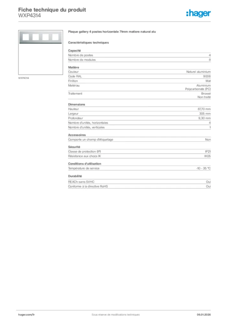 Image Hager Fiche technique du produit WXP4314 | Hager France