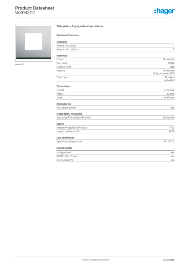 Image Hager Product data sheet WXP4302  | Hager Africa