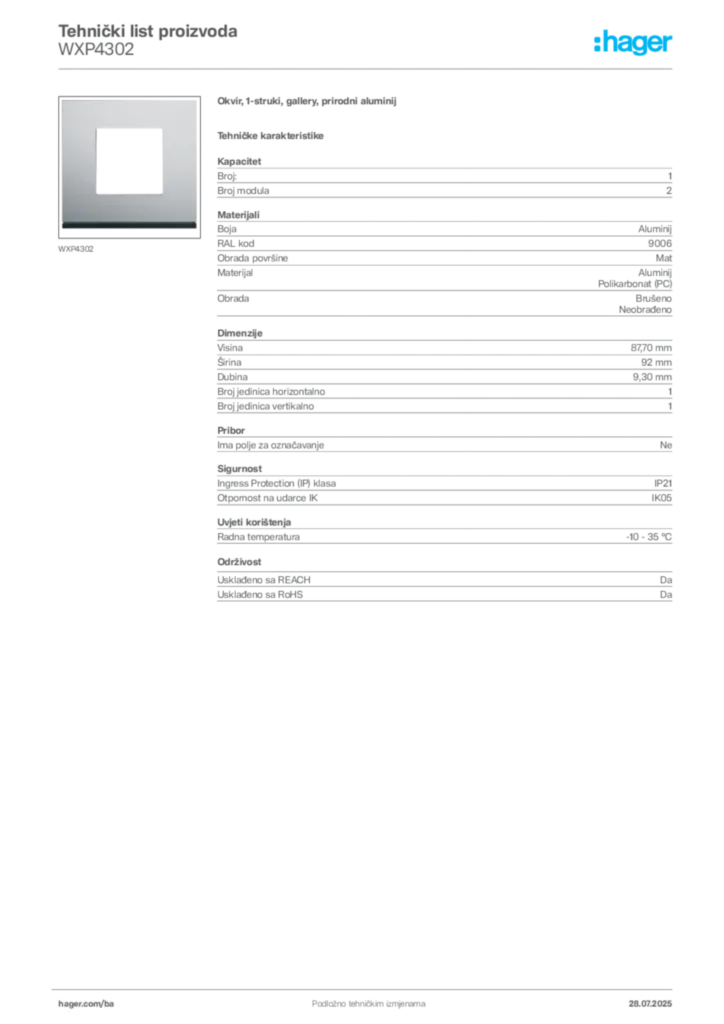 Slika Hager Product data sheet WXP4302  | Hager