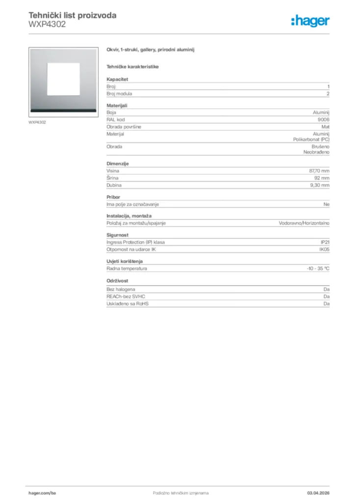 Slika Hager Tehnički list proizvoda WXP4302  | Hager