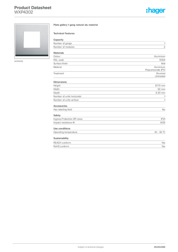 Image Hager Product data sheet WXP4302  | Hager