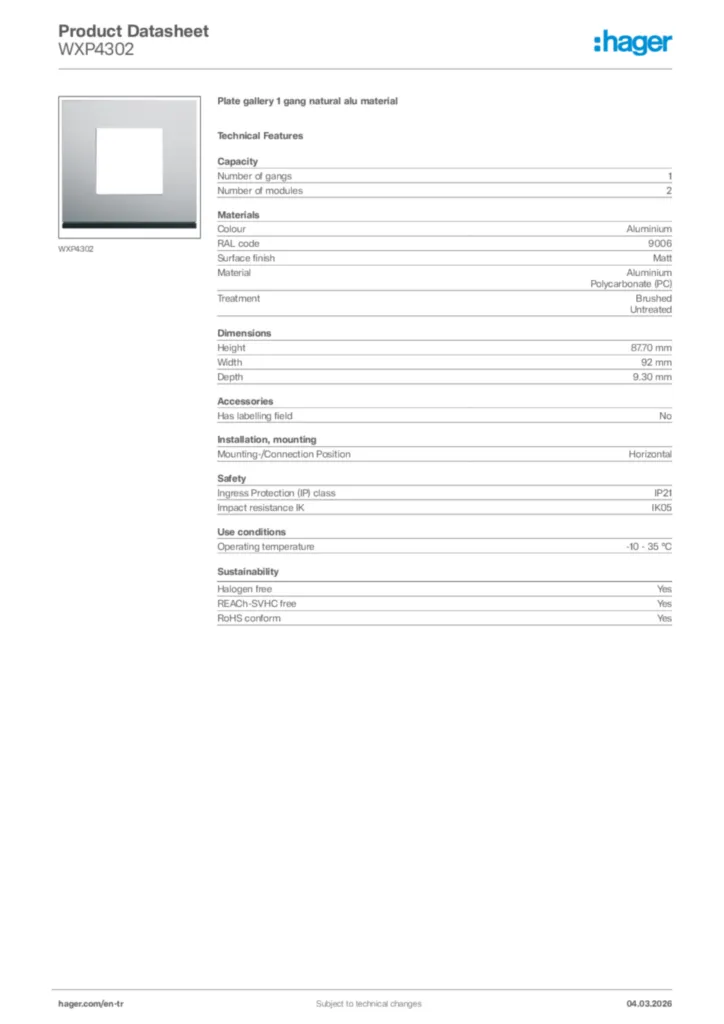 Image Hager Product data sheet WXP4302  | Hager