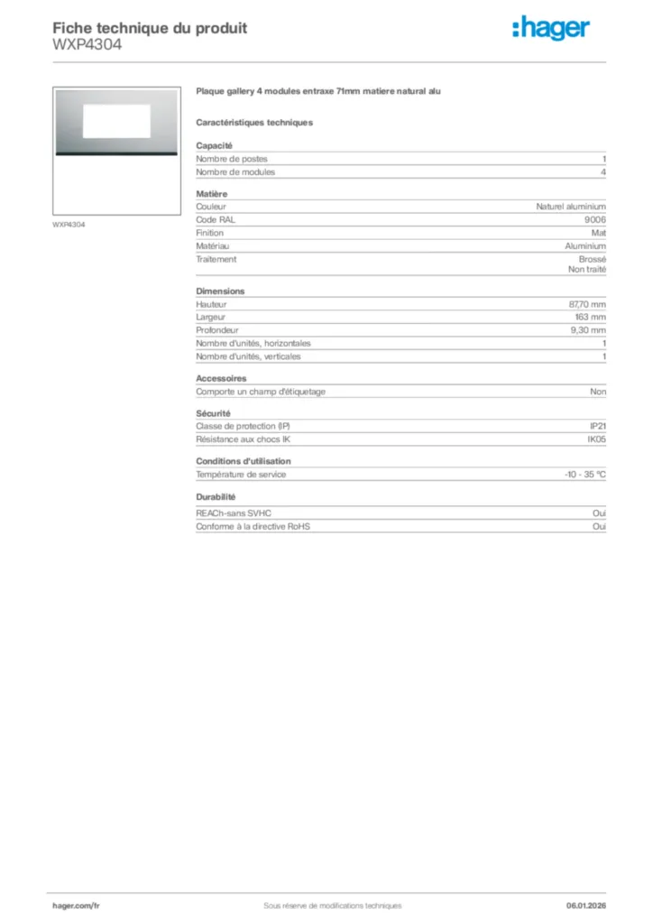 Image Hager Fiche technique du produit WXP4304 | Hager France
