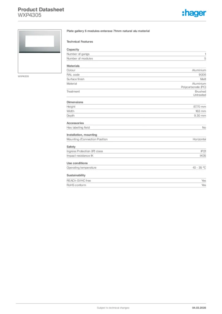 Image Hager Product data sheet WXP4305  | Hager Africa