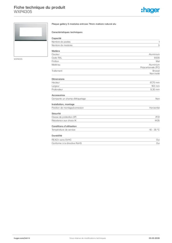 Image Hager Fiche technique du produit WXP4305 | Hager Afrique