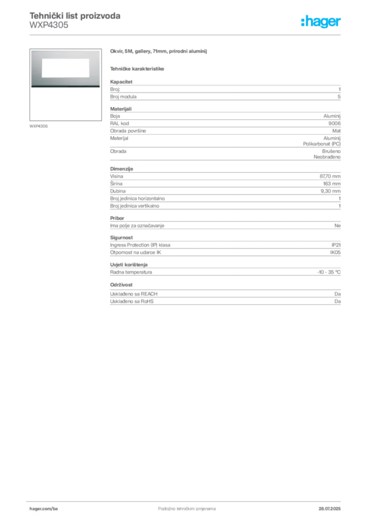 Slika Hager Product data sheet WXP4305  | Hager