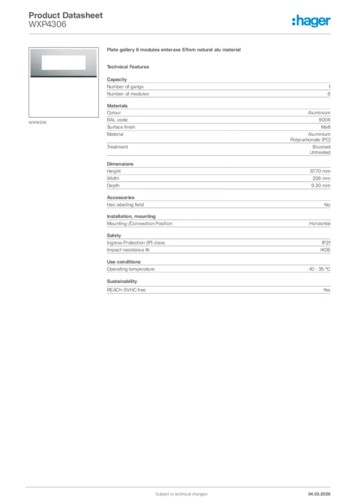 Image Hager Product data sheet WXP4306  | Hager Africa