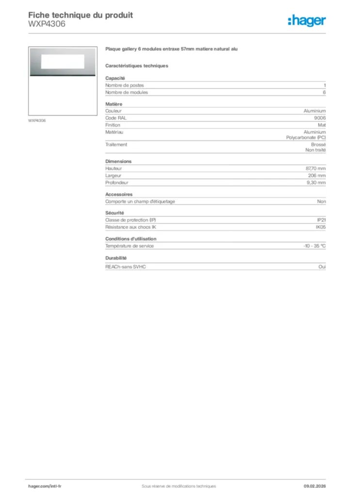 Image Hager Fiche technique du produit WXP4306 | Hager Afrique