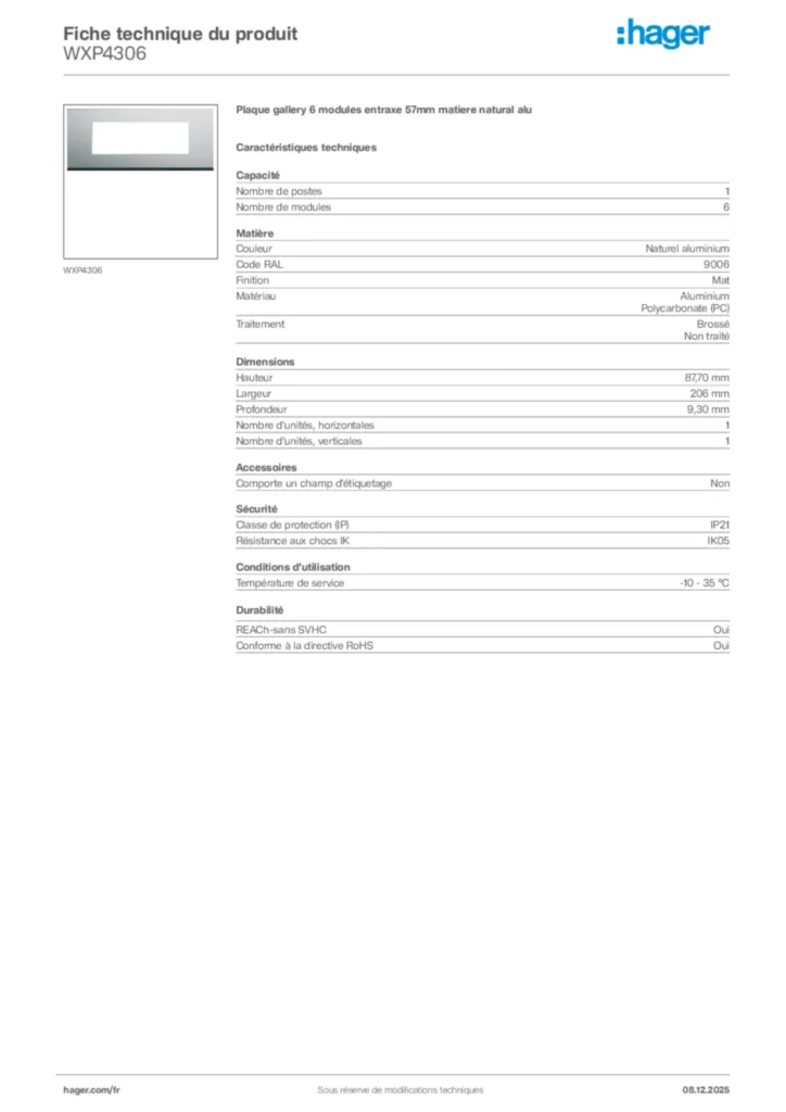 Image Hager Fiche technique du produit WXP4306 | Hager France