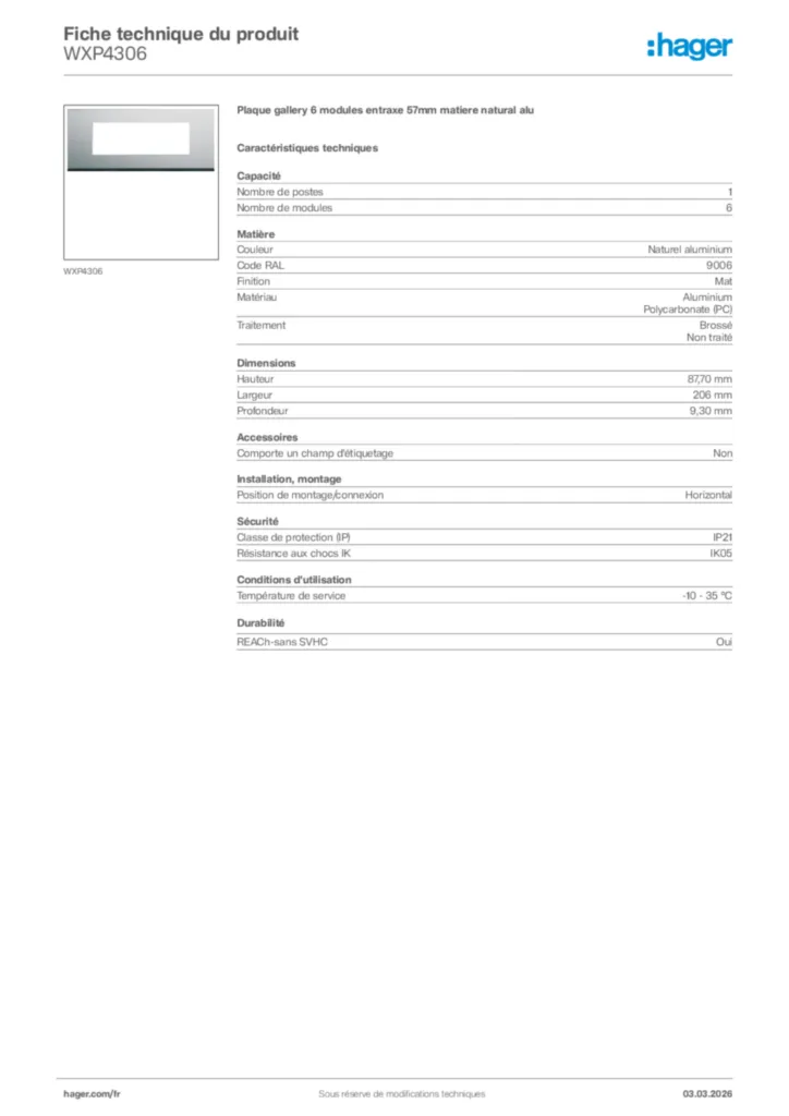 Image Hager Fiche technique du produit WXP4306 | Hager France