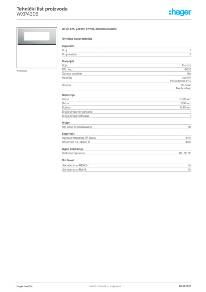 Slika Hager Product data sheet WXP4306  | Hager