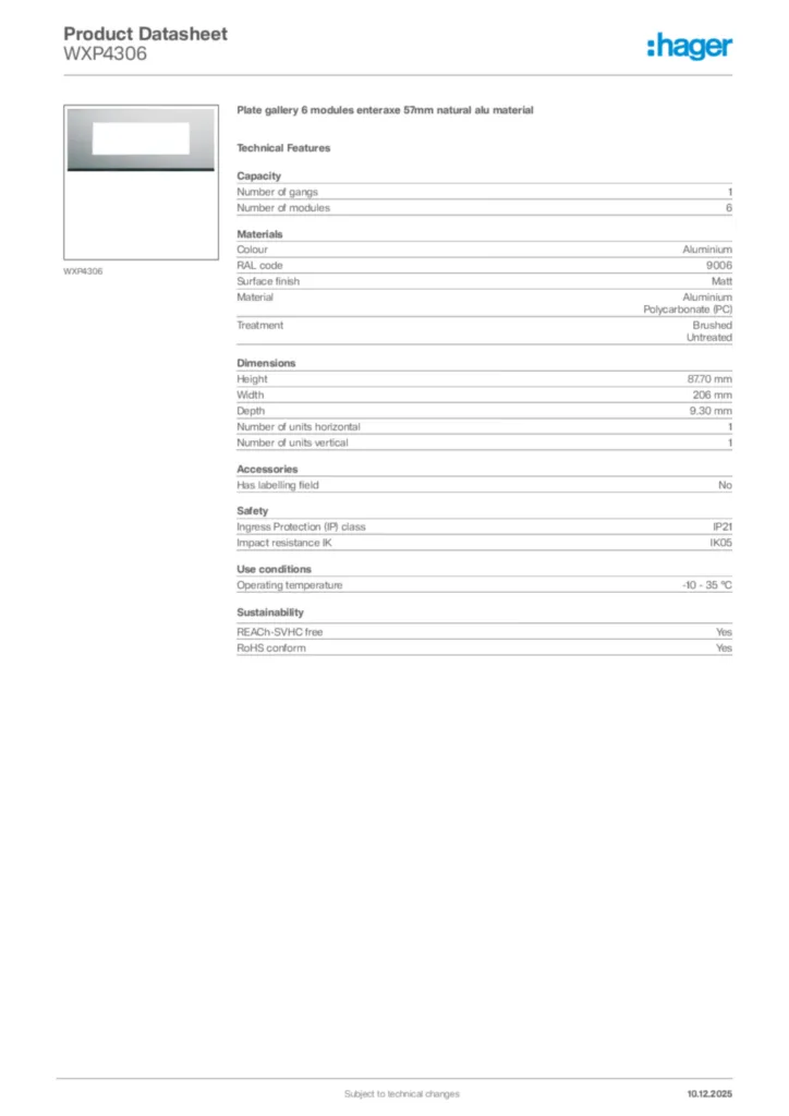 Image Hager Product data sheet WXP4306  | Hager