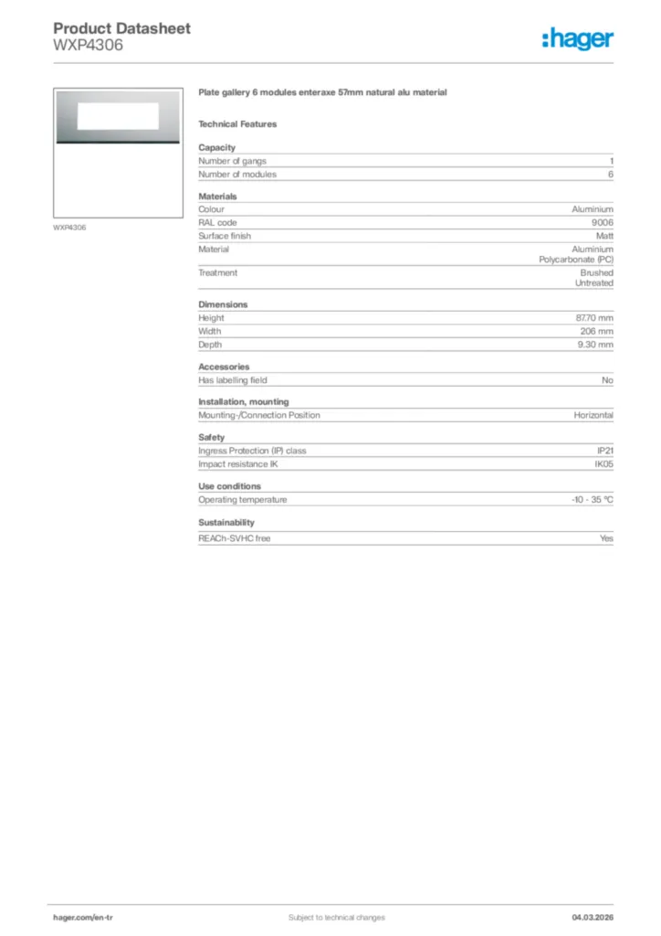 Image Hager Product data sheet WXP4306  | Hager