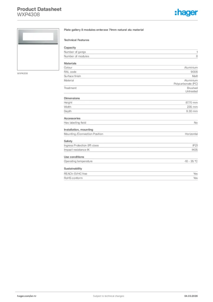 Image Hager Product data sheet WXP4308  | Hager