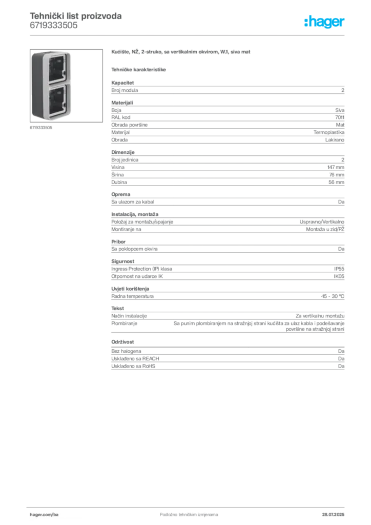 Slika Hager Product data sheet 6719333505  | Hager