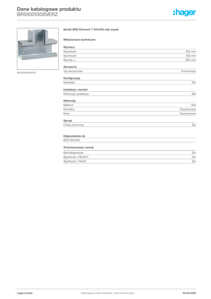 Zdjęcie Hager Dane katalogowe produktu BRS1001308VERZ | Hager Polska