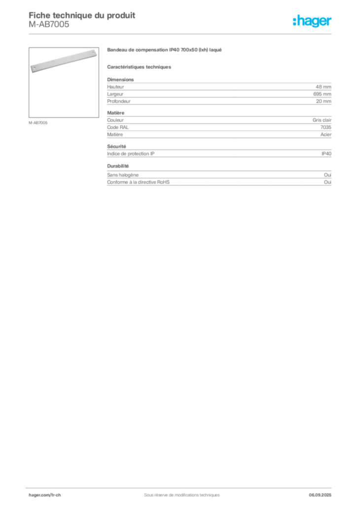 Image Hager Fiche technique du produit M-AB7005 | Hager Suisse