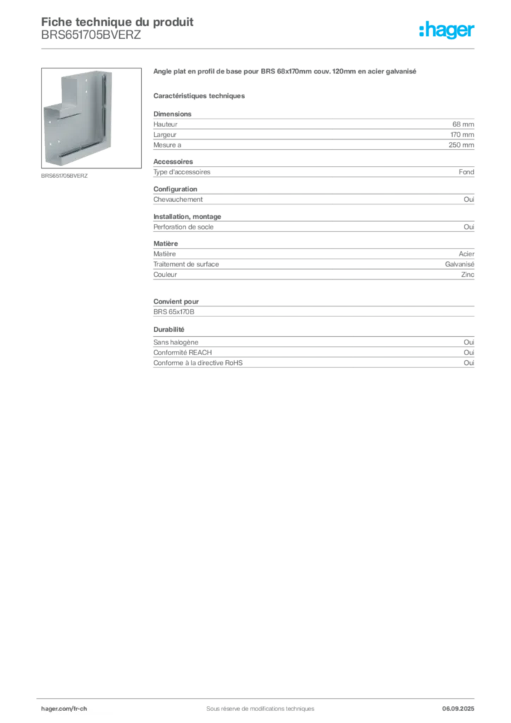 Image Hager Fiche technique du produit BRS651705BVERZ | Hager Suisse