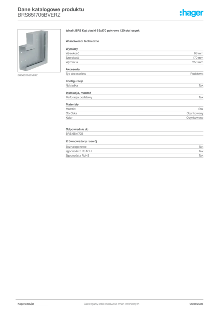 Zdjęcie Hager Dane katalogowe produktu BRS651705BVERZ | Hager Polska