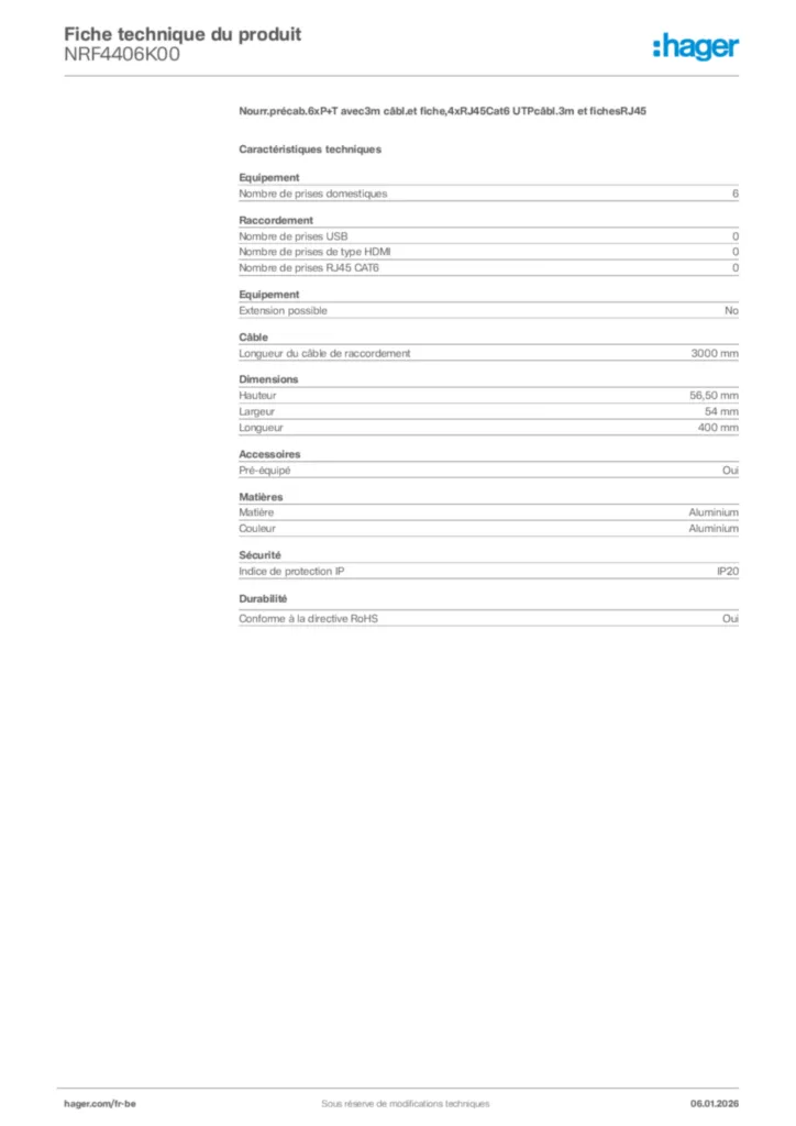 Image Hager Fiche technique du produit NRF4406K00 | Hager Belgique