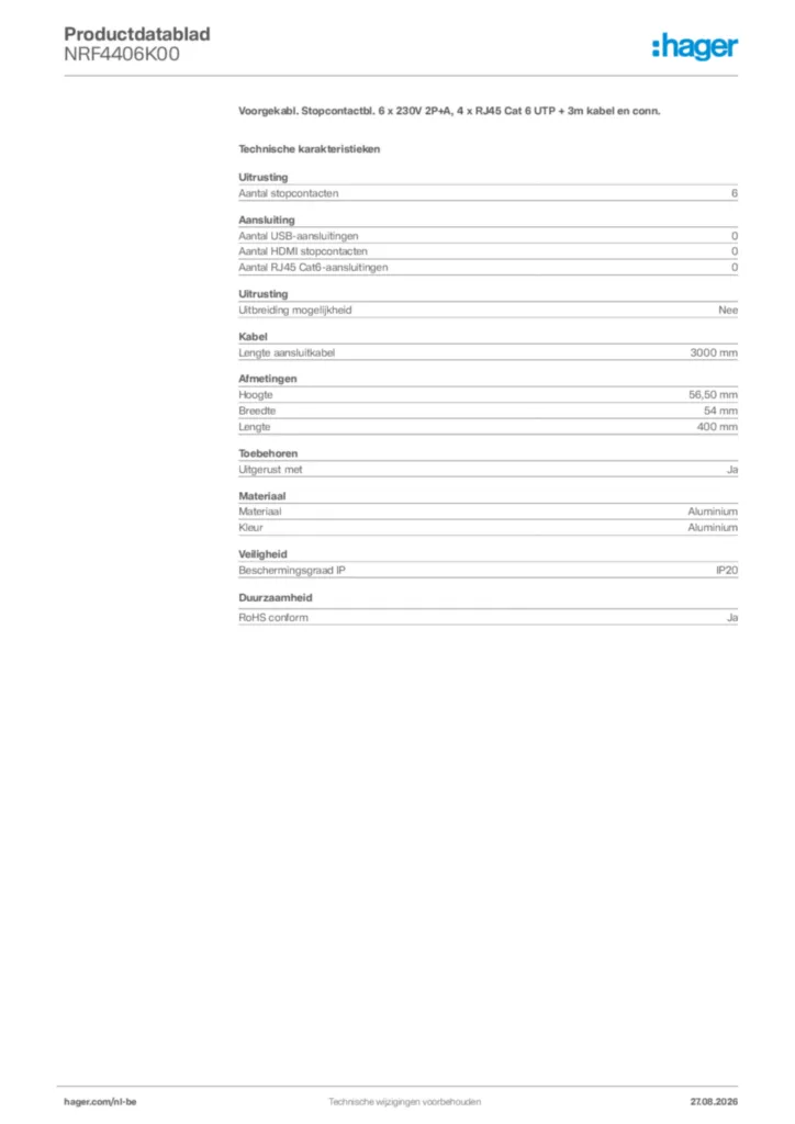 Afbeelding Hager Productdatablad NRF4406K00 | Hager Belgium