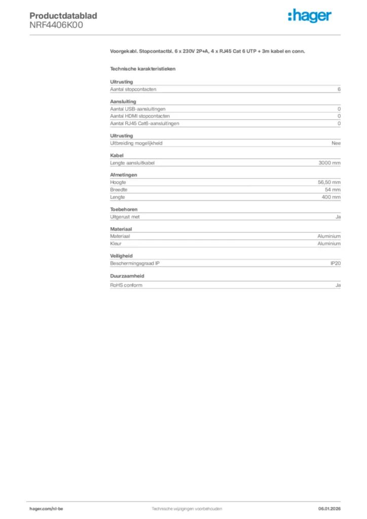 Afbeelding Hager Productdatablad NRF4406K00 | Hager Belgium