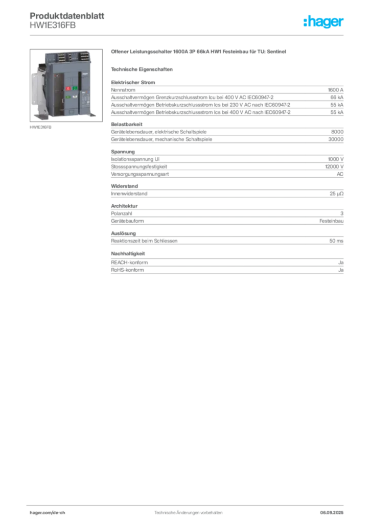 Bild Hager Produktdatenblatt HW1E316FB | Hager Schweiz