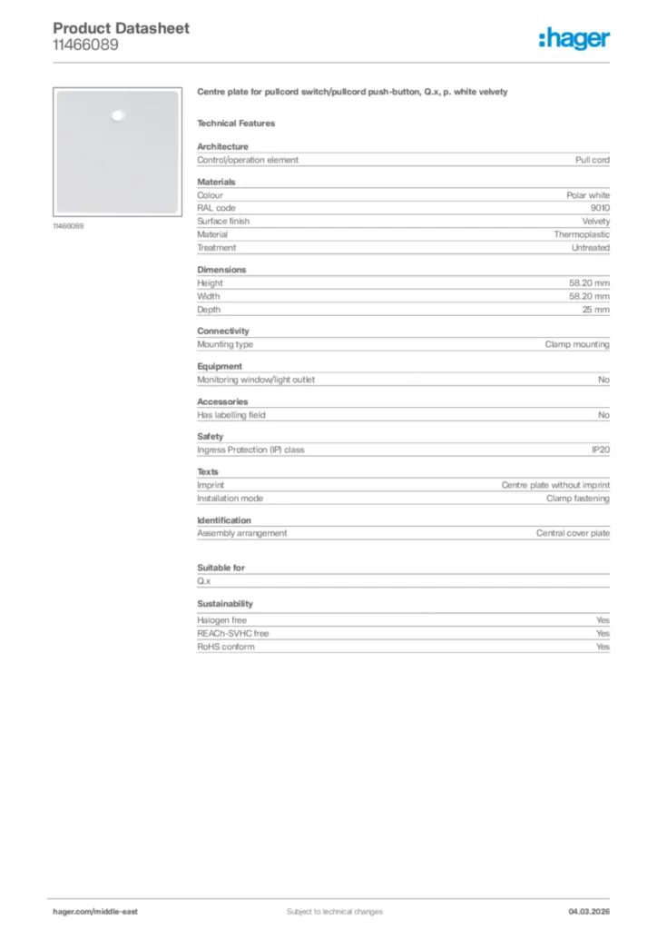 Image Hager Product data sheet 11466089  | Hager